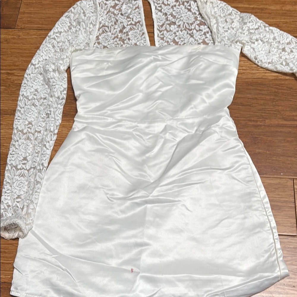 Lulu's White Satin and Lace Long Sleeve Dress